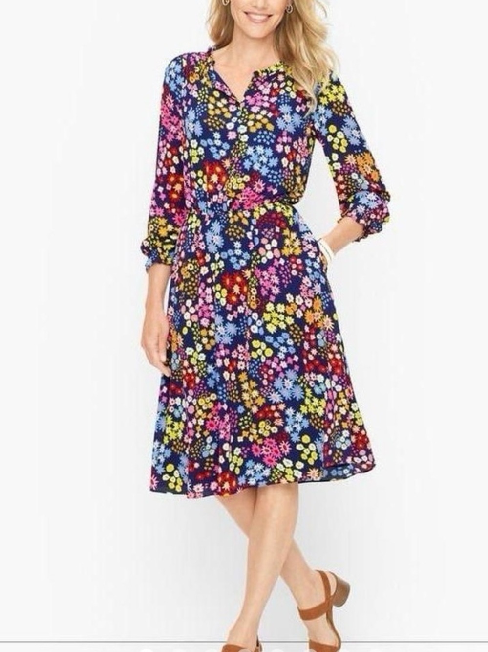Talbots Navy Blue Floral Long-Sleeve Midi Dress